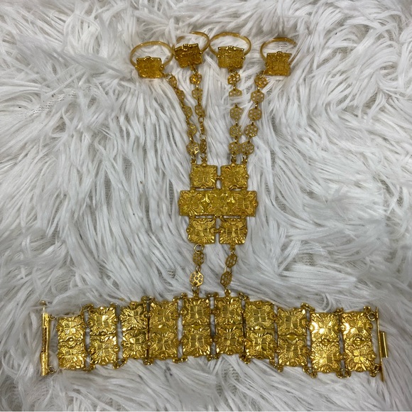 Vintage Gold Plated Sterling Silver Belly Dance Bracelet Rings Jewelry Cuff - Picture 3 of 12